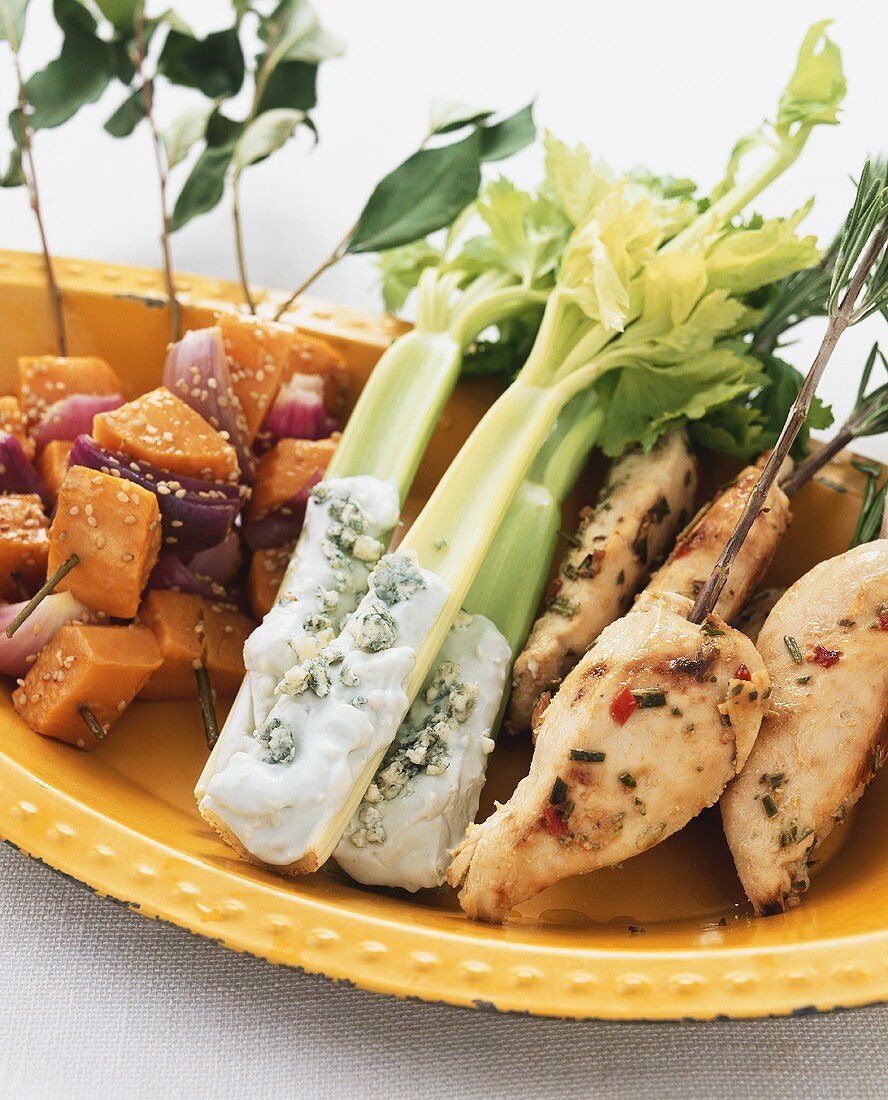 Sweet potato skewers, rosemary chicken and celery