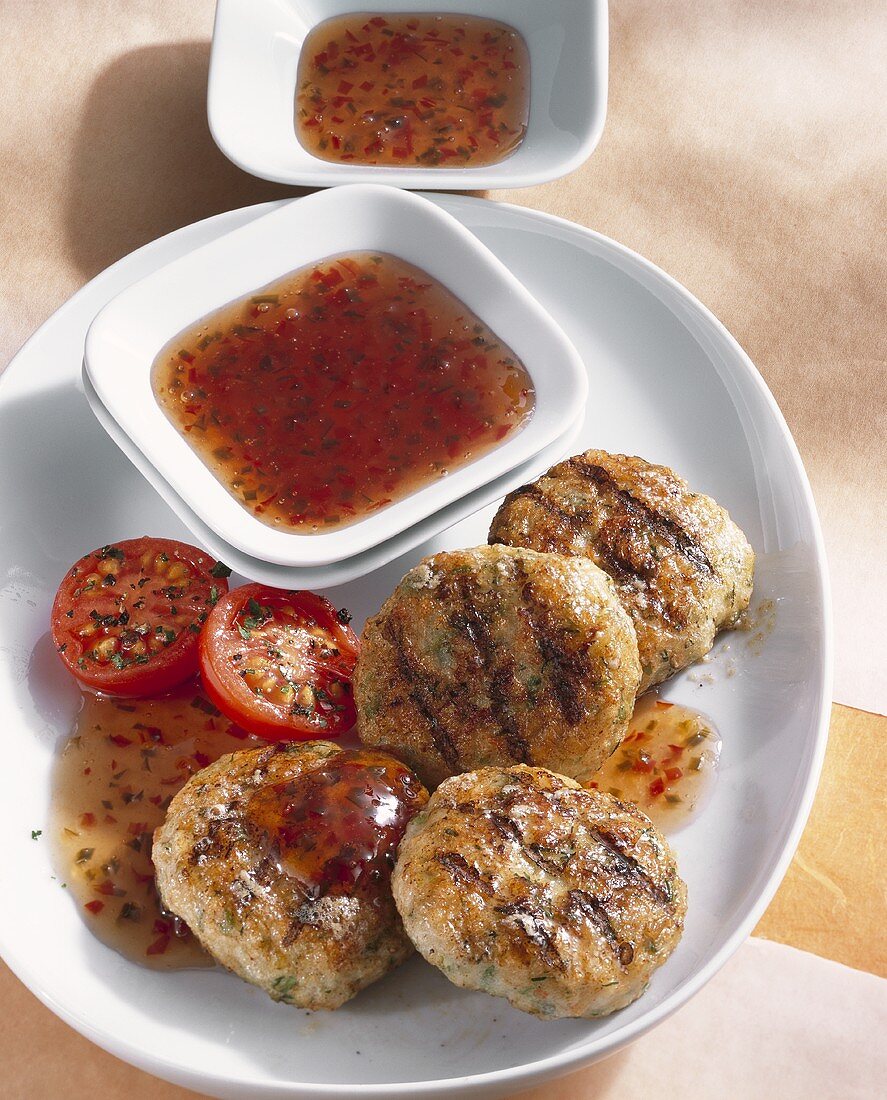 Grilled shrimp cakes with pepper and chili sauce