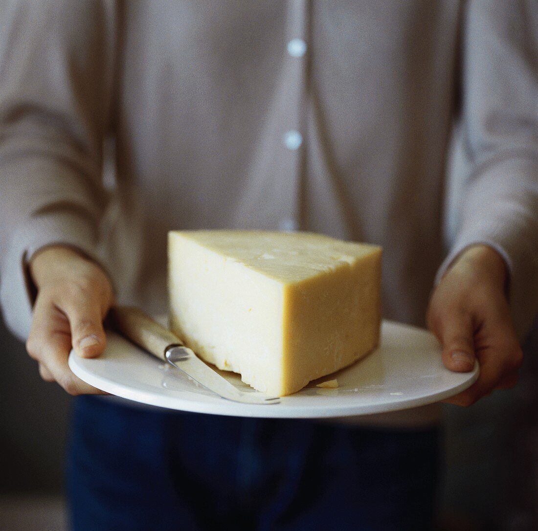 Person serviert Stück Cheddar auf Teller