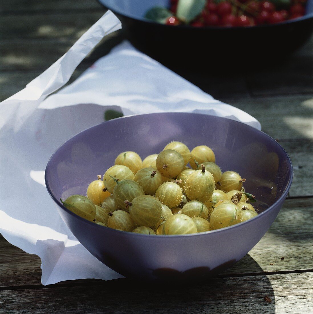 Green gooseberries in a pale-purple bowl