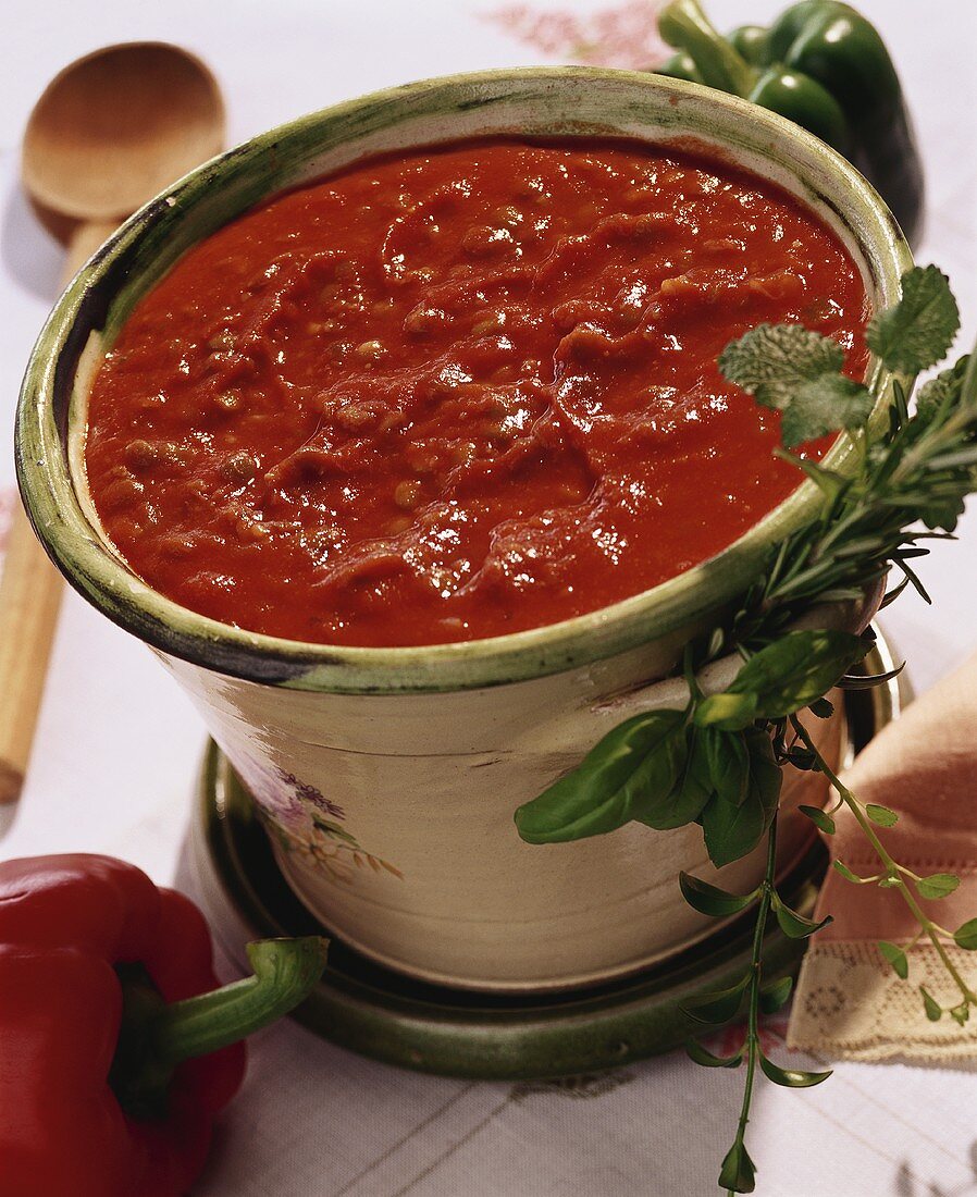 Tomato and pepper sauce in a pot