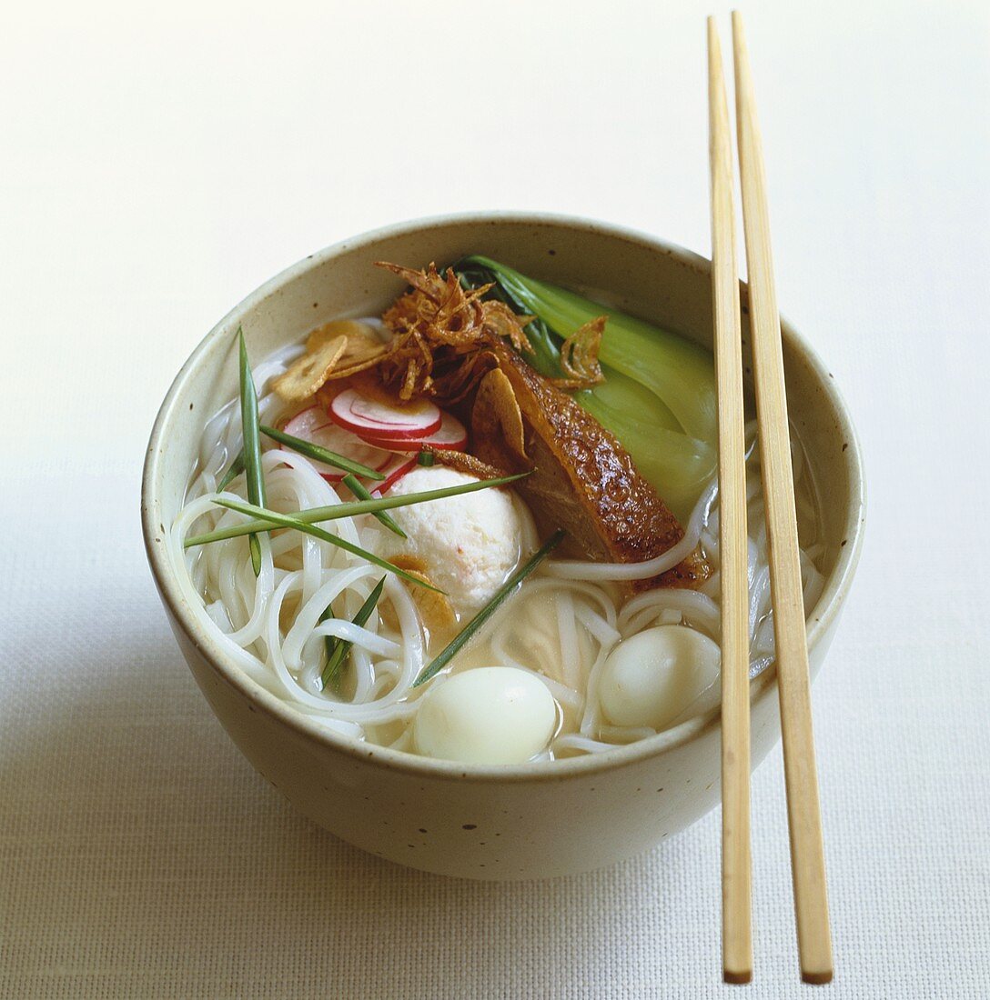 Rice noodle soup with pak choi, pork and egg (China)