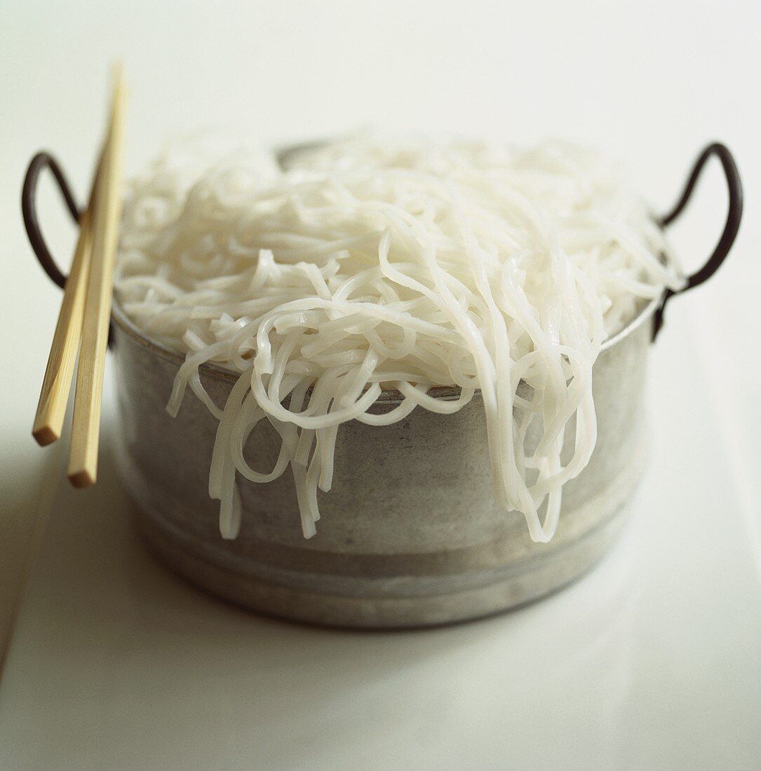 Cooked rice noodles in a pot