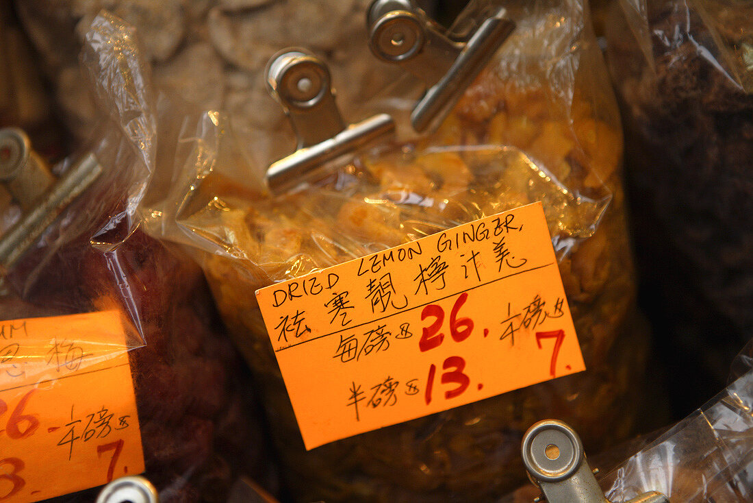 Dried lemon ginger on a market stall in Hong Kong, China