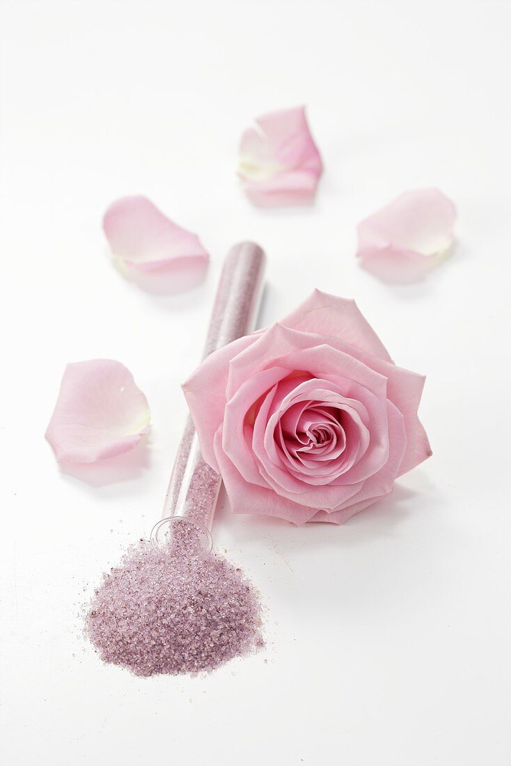 Zucker mit Rosenblütenaroma im Glasröhrchen, rosa Rose