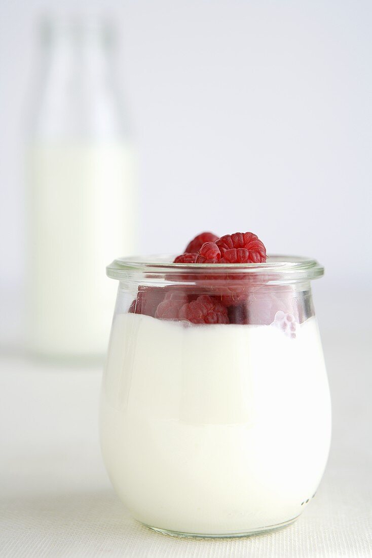 Joghurt mit Himbeeren im Glas