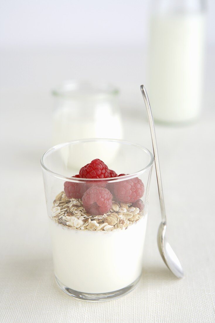 Joghurt mit Cerealien und Himbeeren