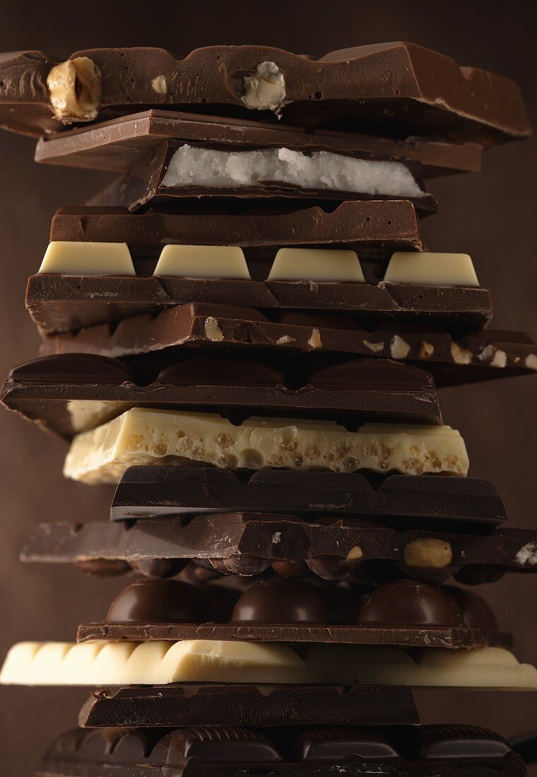 A stack of different chocolate bars