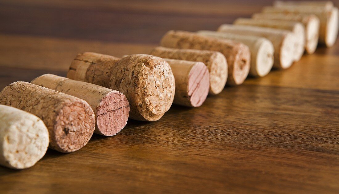 Various corks in a row