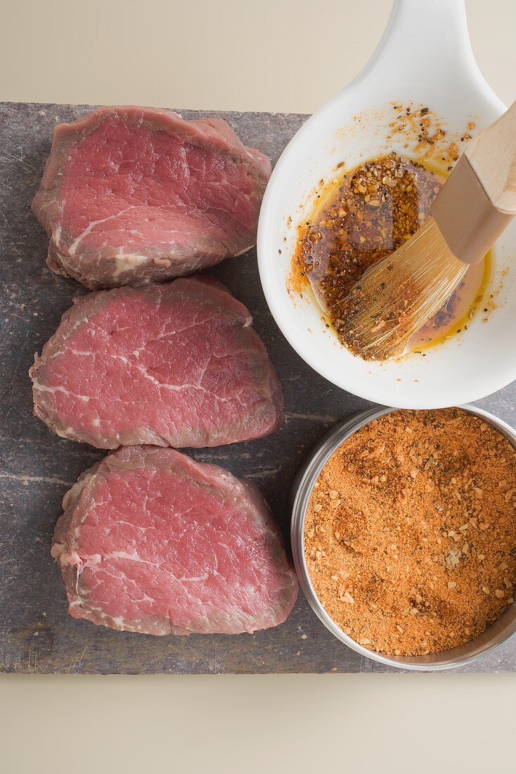 Beef steaks and spicy marinade