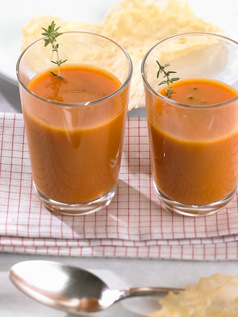 Tomato soup with thyme and Parmesan crisps