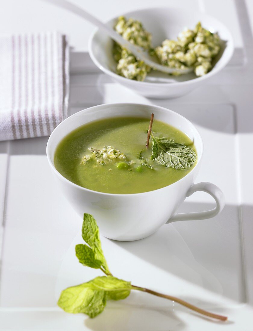 Pea soup with sheep's cheese and mint