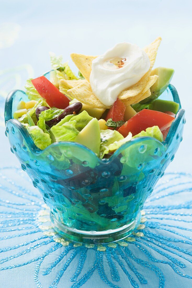 Mexican salad with nachos and sour cream