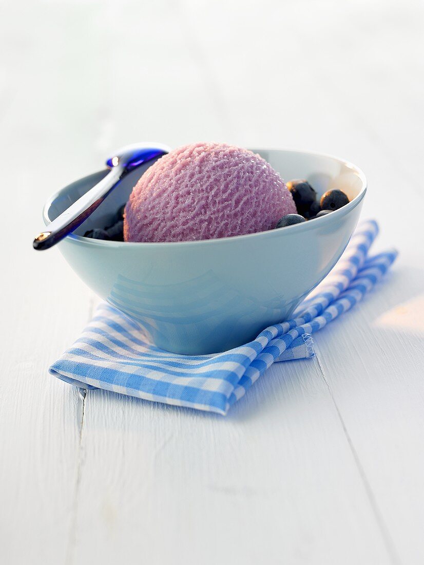 Blueberry ice cream and fresh blueberries in a bowl