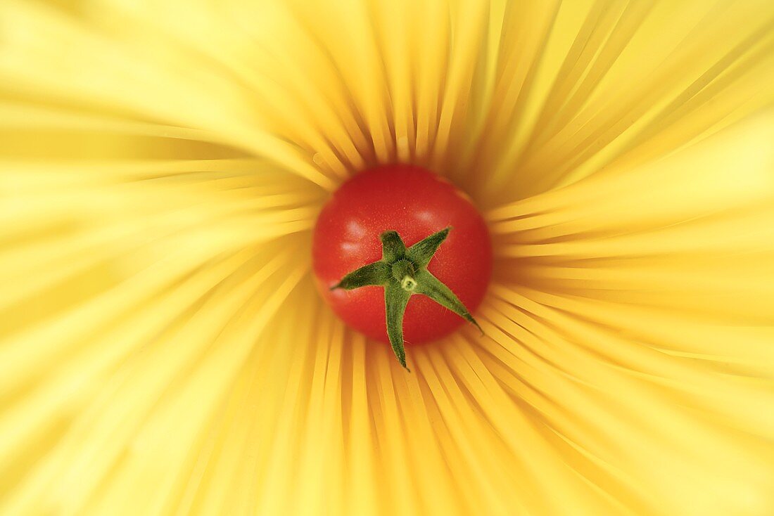 Tomato on spaghetti from above