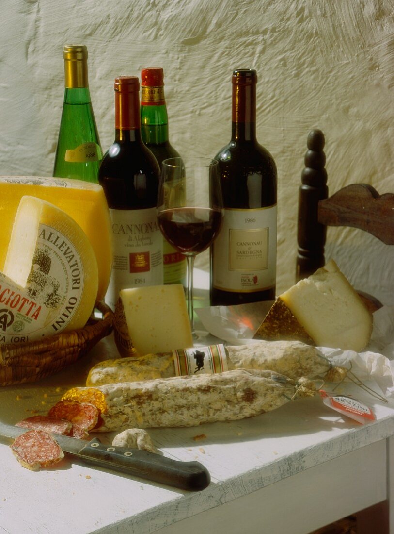 Wine, cheese and salami, Sardinia, Italy