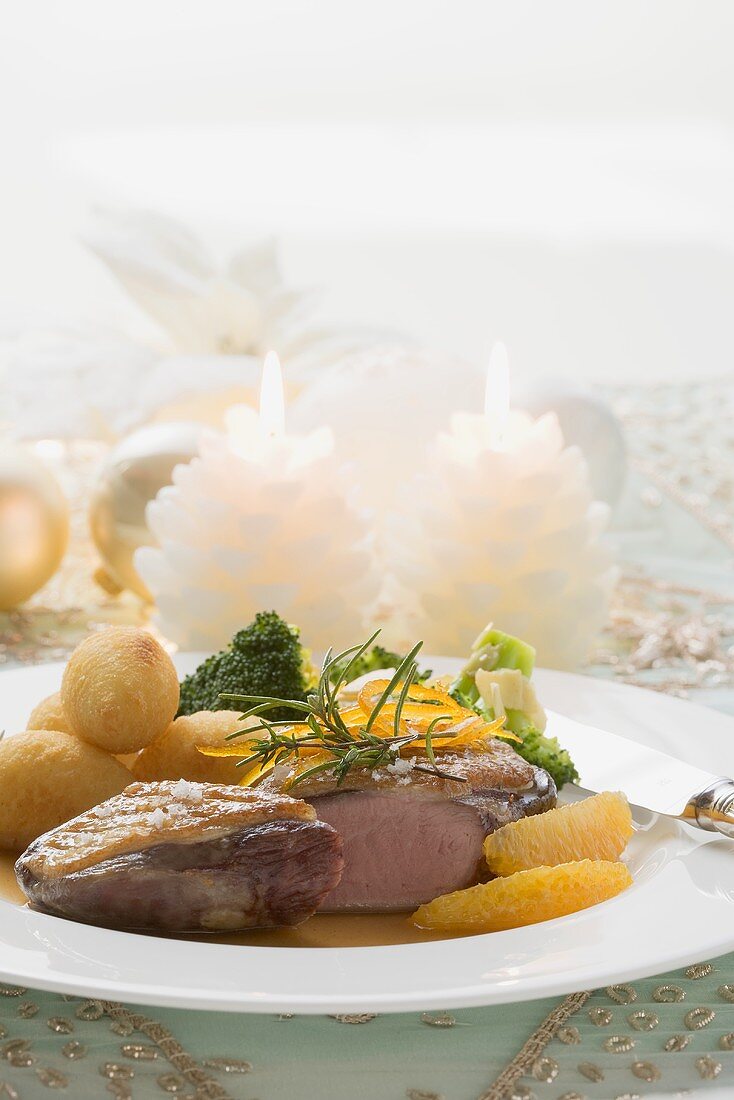 Duck breast with orange, potato croquettes, broccoli (Xmas)