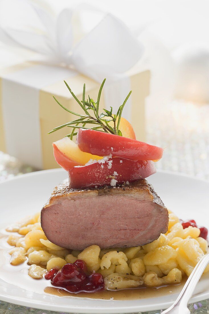 Smoked duck breast on spaetzle noodles (Christmas)