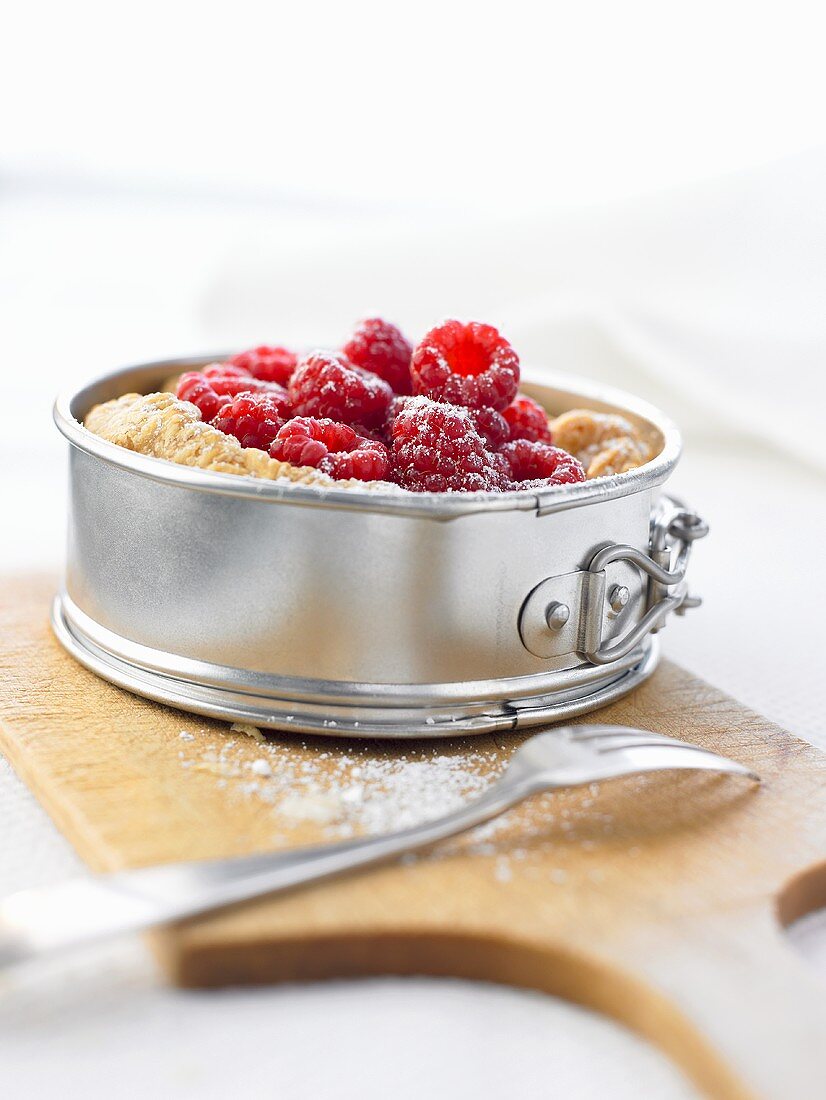 Raspberries in puff pastry shell in a springform pan