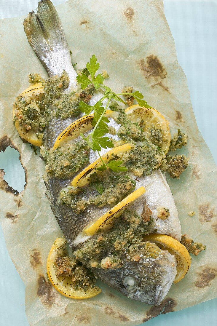 Roasted sea bream with herb crust and lemon slices