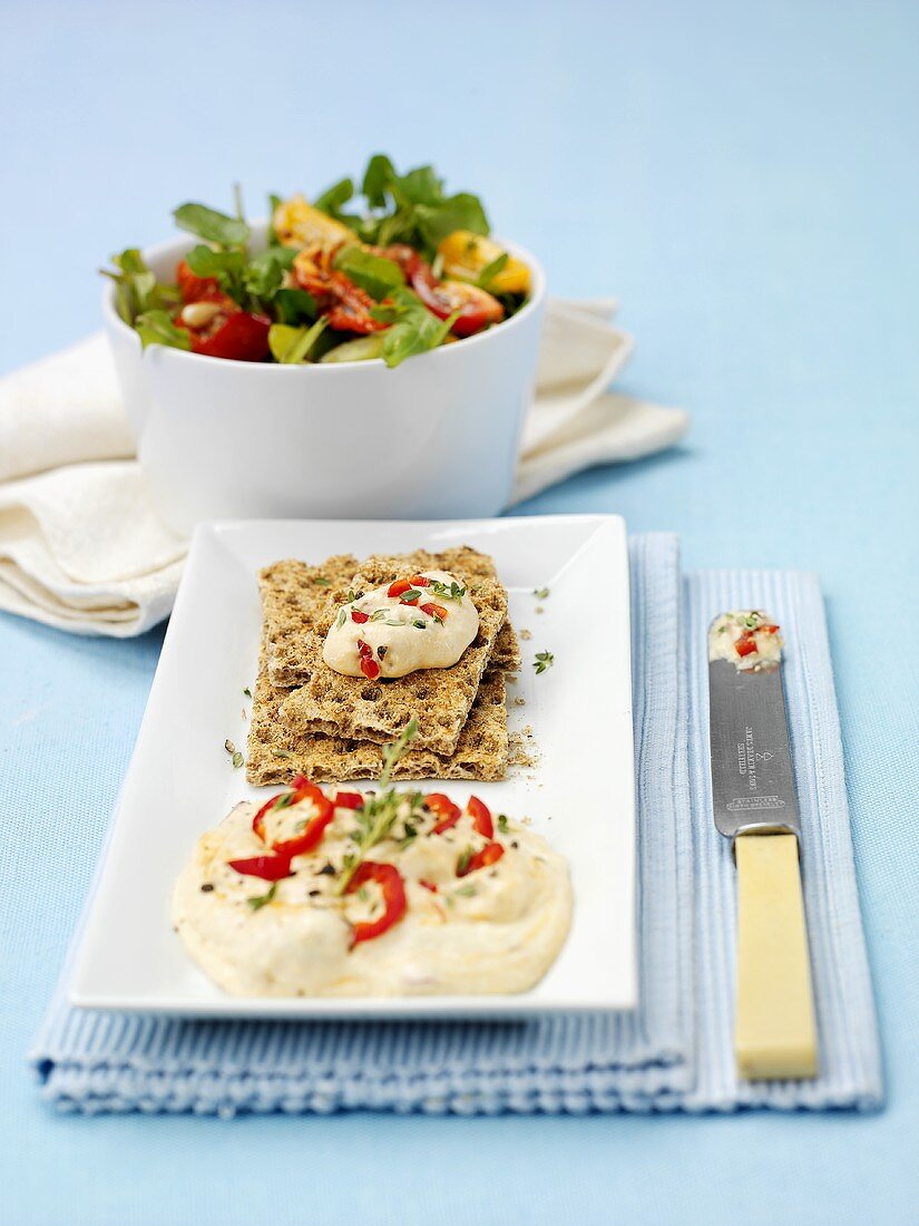 Hummus mit Knäckebrot, bunter Salat im Hintergrund