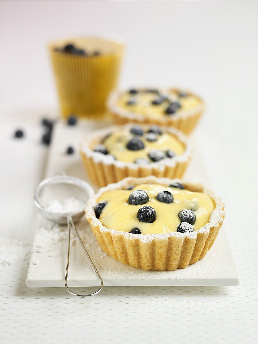 Blueberry and vanilla cream tarts with icing sugar