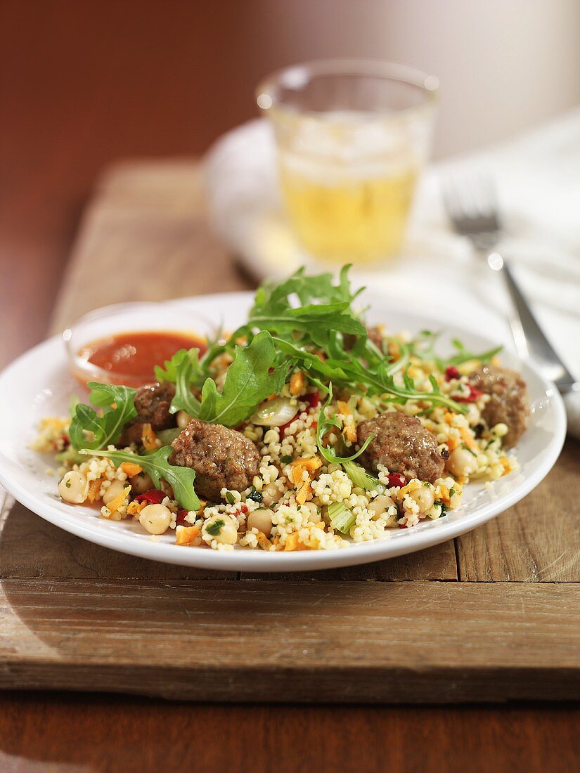 Hackbällchen mit Couscous und Rucola