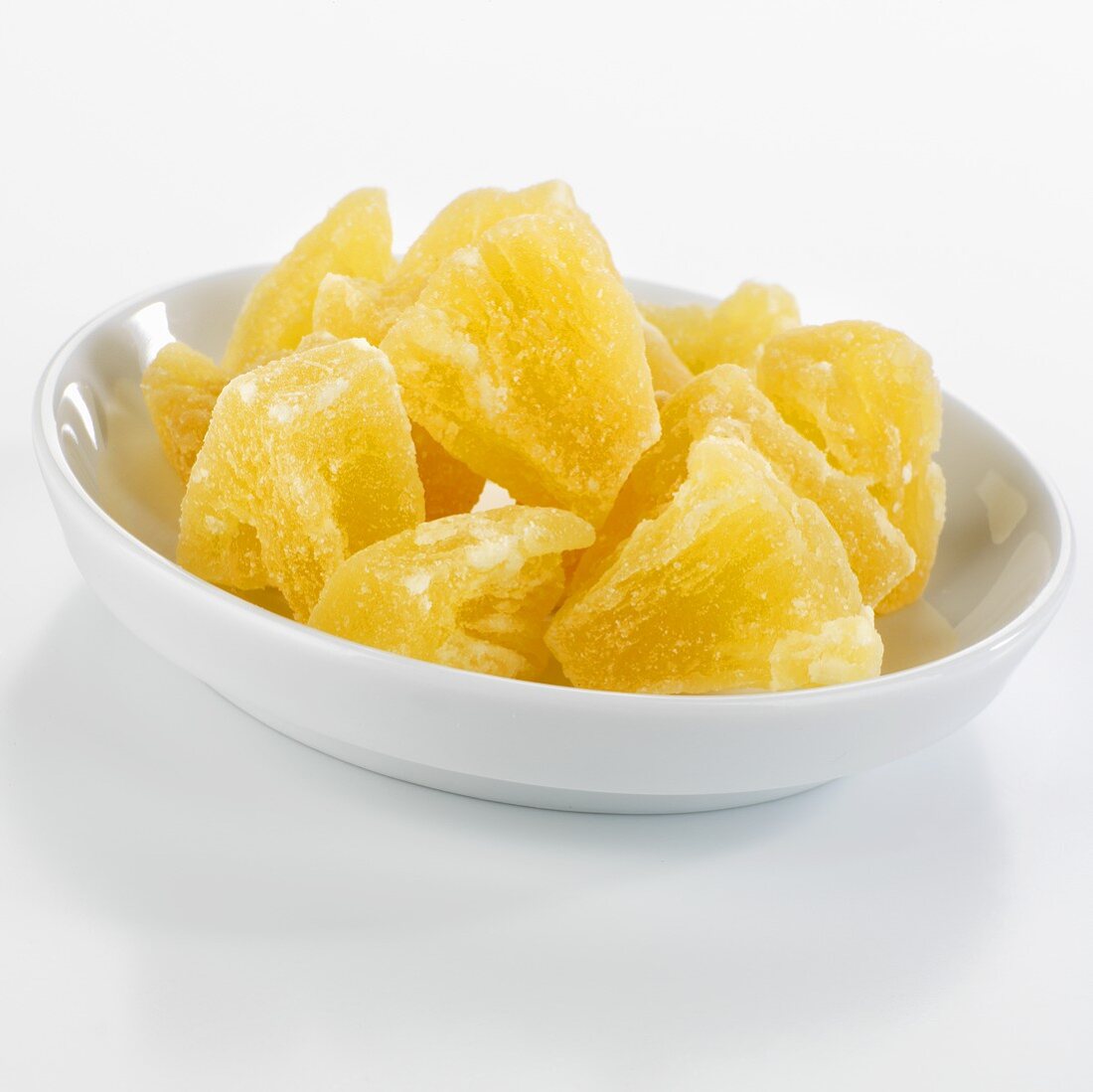Candied pineapple chunks in a dish