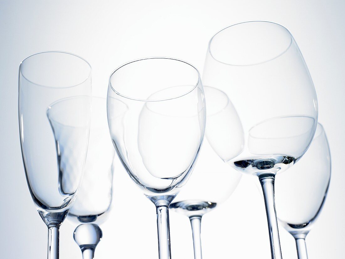Assorted empty wine and sparkling wine glasses