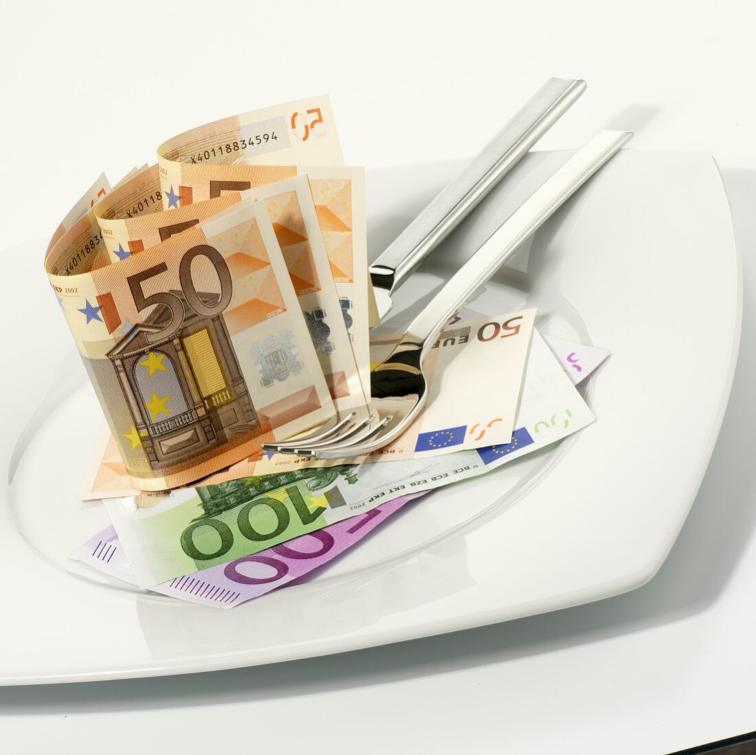 Euro notes on plate with knife and fork