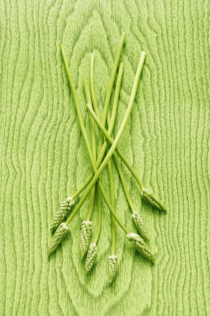 Wild asparagus on green wooden background
