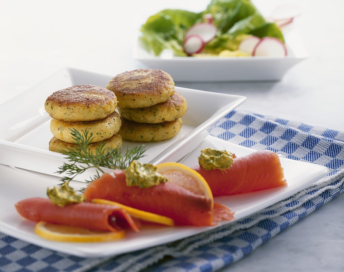 Potato cakes with smoked salmon and salad