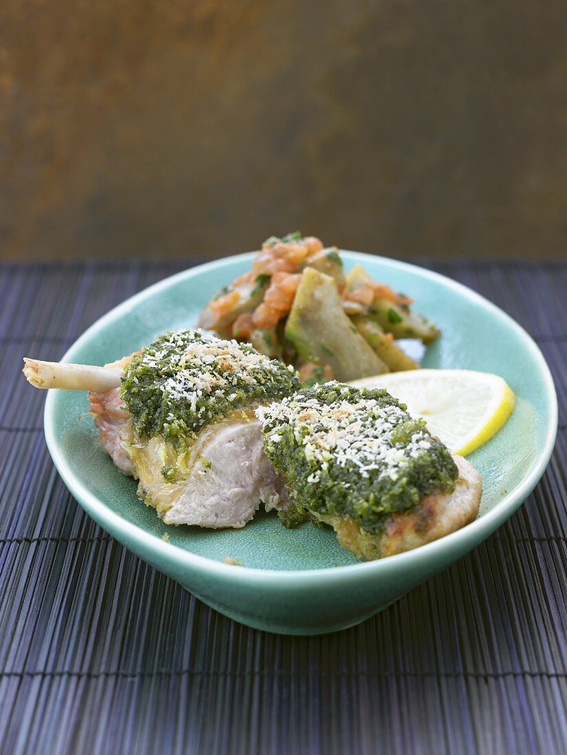 Guinea fowl with pesto crust and artichokes