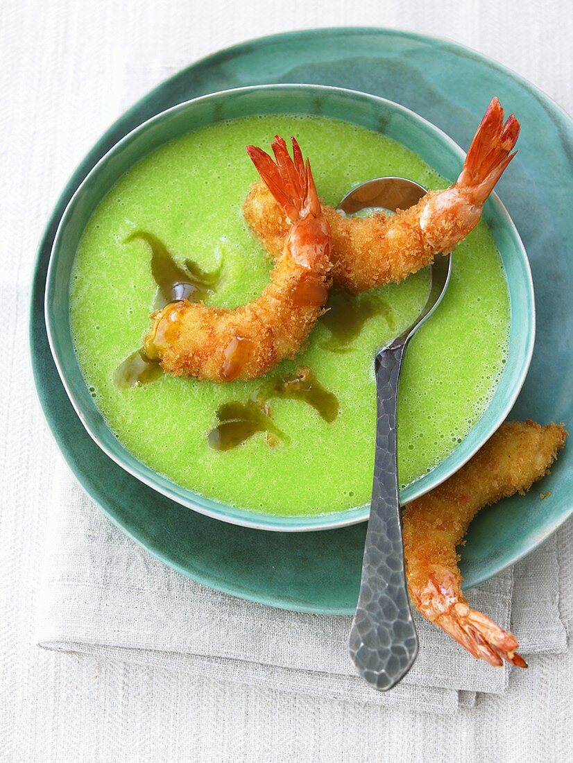 Cold cucumber wasabi soup with deep-fried prawns