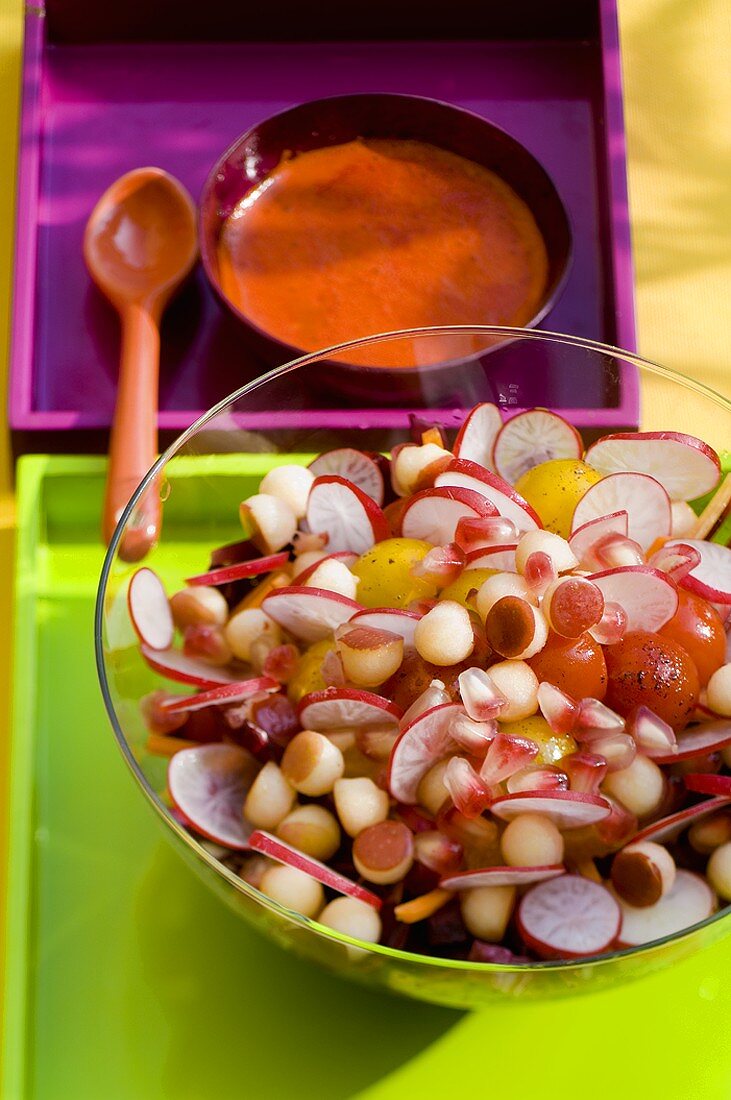 Vegetable salad with radishes and pomegranate seeds