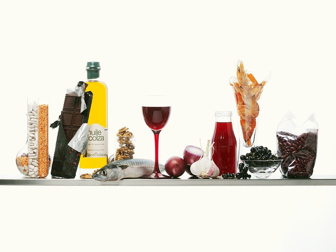 Still life of anti-ageing foods and red wine