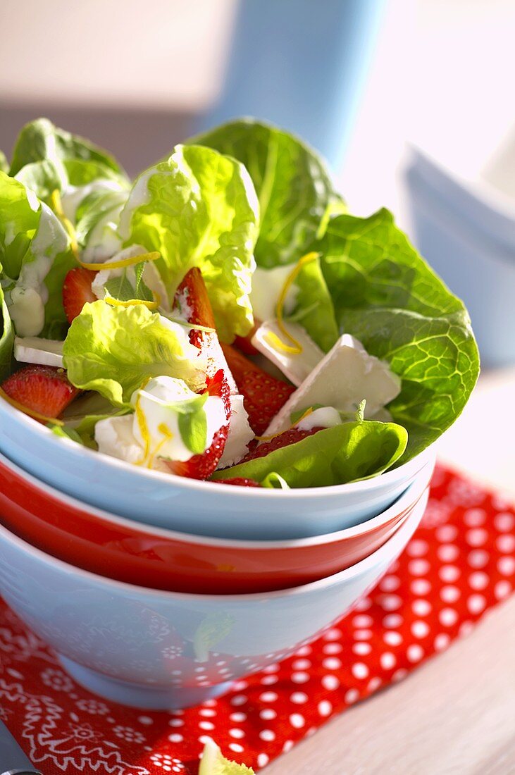 Blattsalat mit Erdbeeren, Camembert und Joghurtdressing