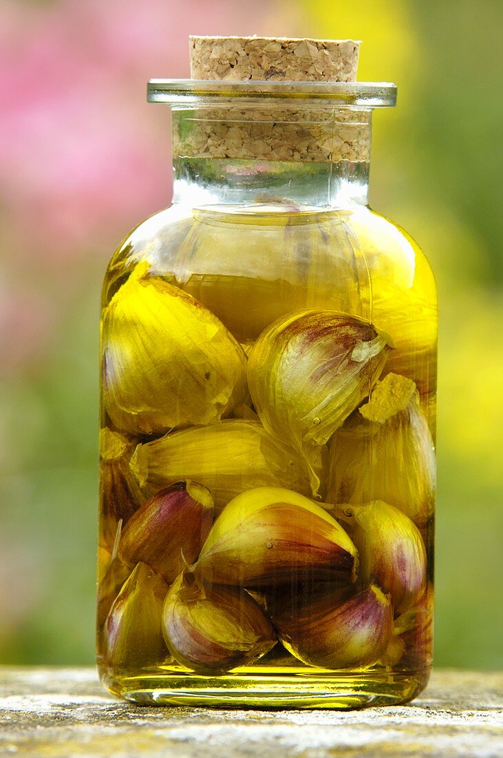 Garlic pickled in olive oil