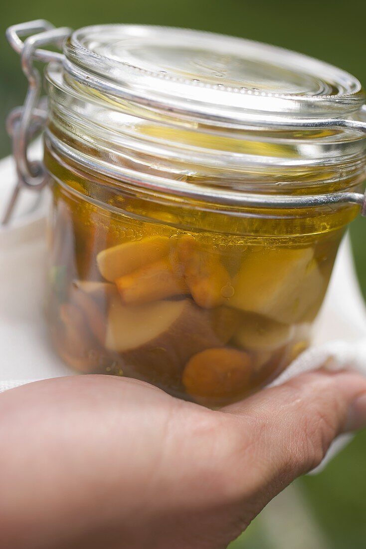 Hand holding jar of pickled mushrooms