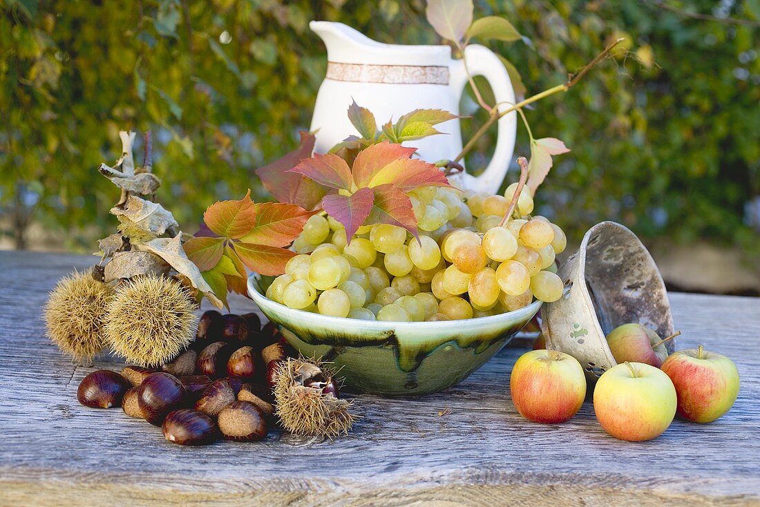 Esskastanien, Trauben, Äpfel und Herbstlaub