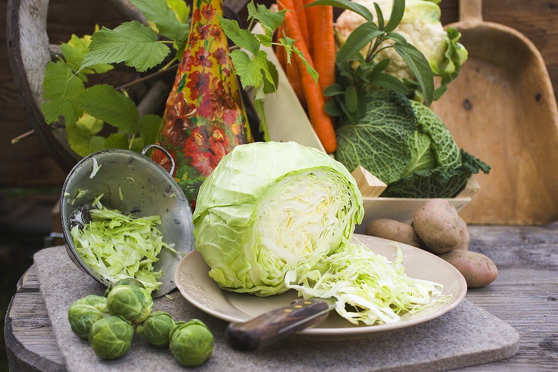 Autumn vegetable still life with brassicas, potatoes & carrots