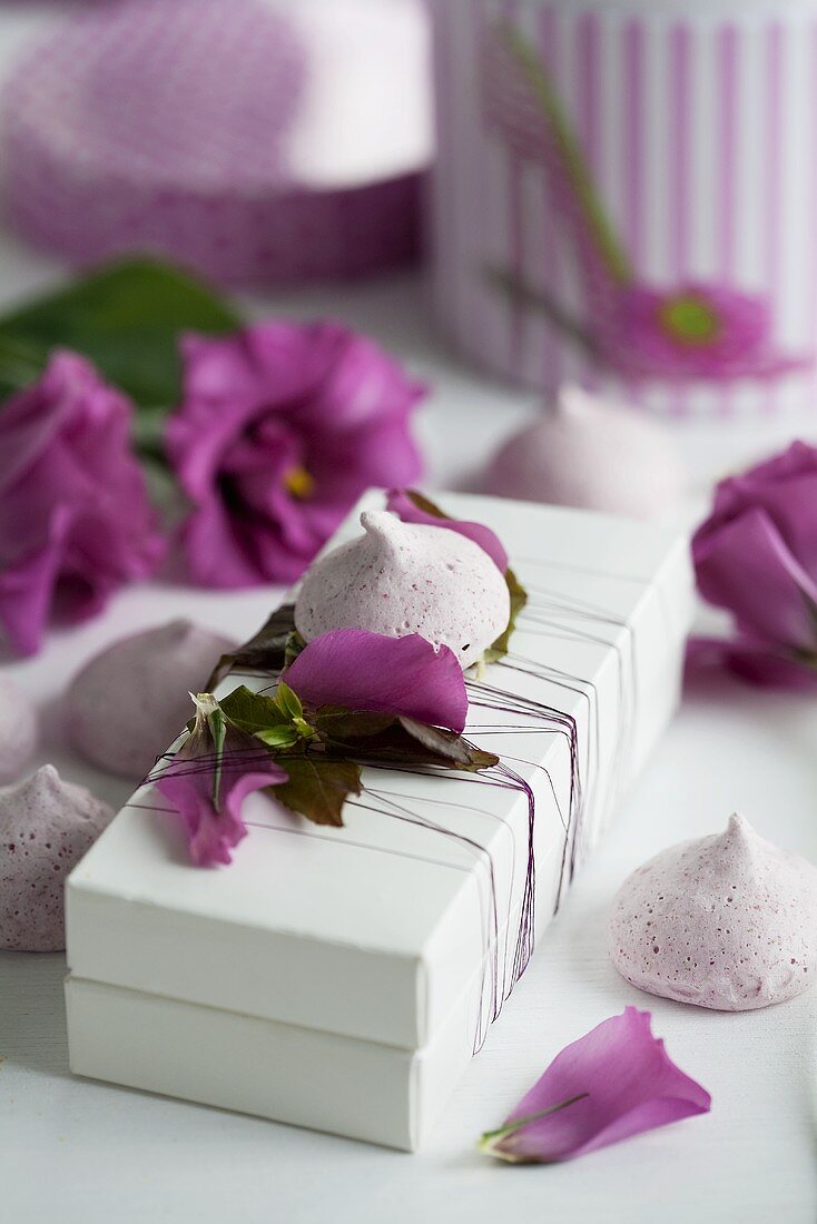 A gift box with raspberry meringues