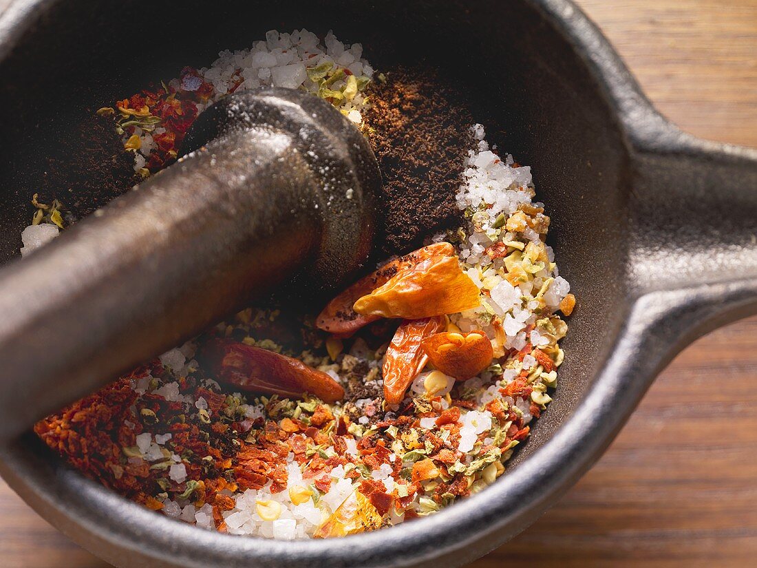 Various spices in a mortar
