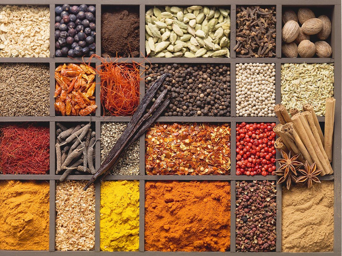 Various spices in a type case
