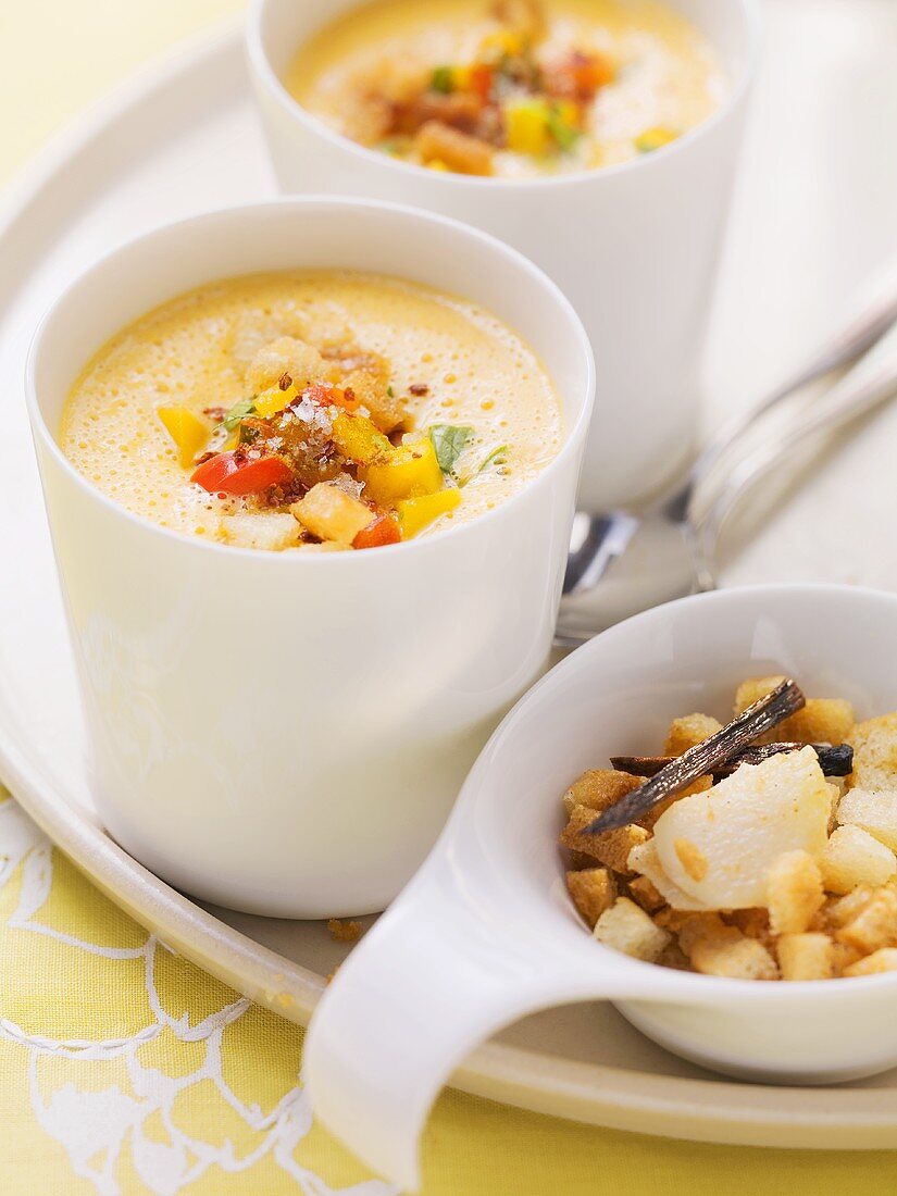 Red pepper and pumpkin soup with garlic croutons