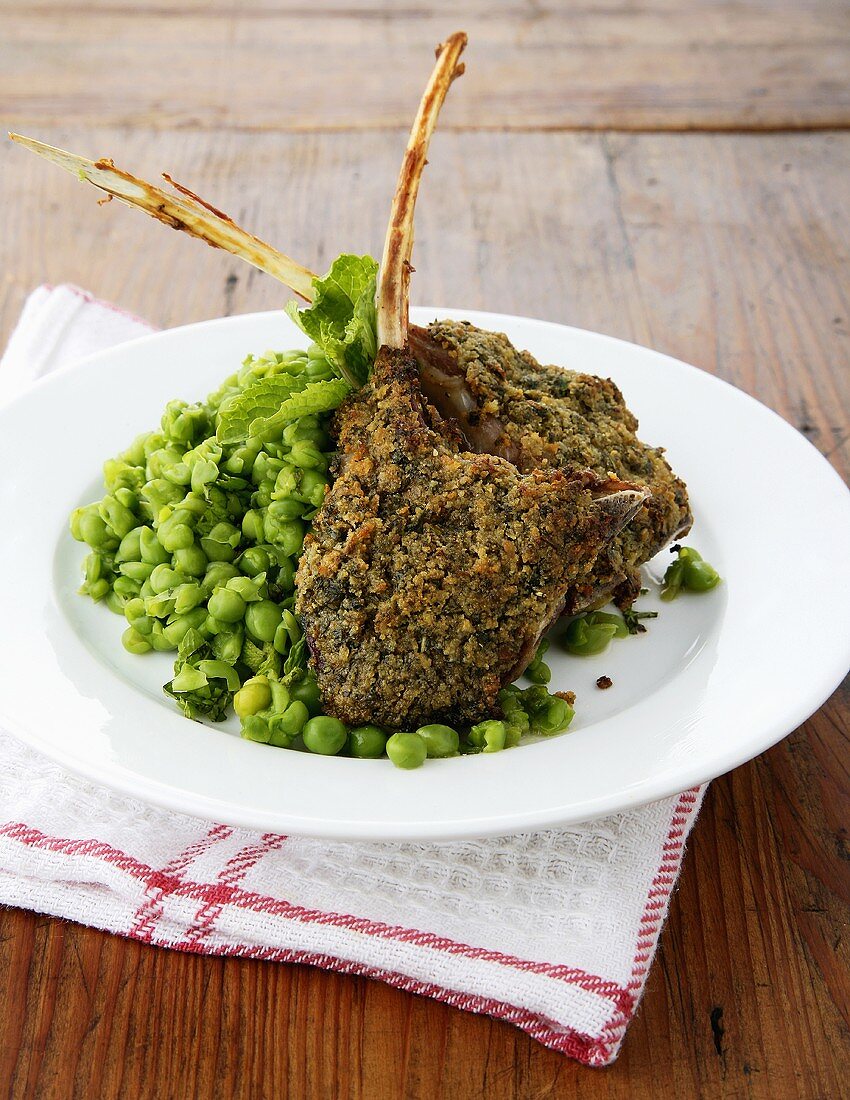 Lamb chops with a herb crust and mint peas