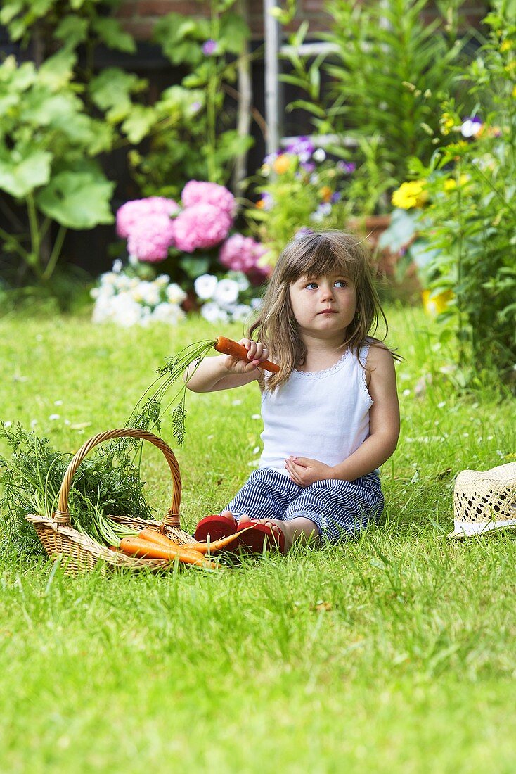 Kleines Mädchen mit Möhren auf Gartenwiese