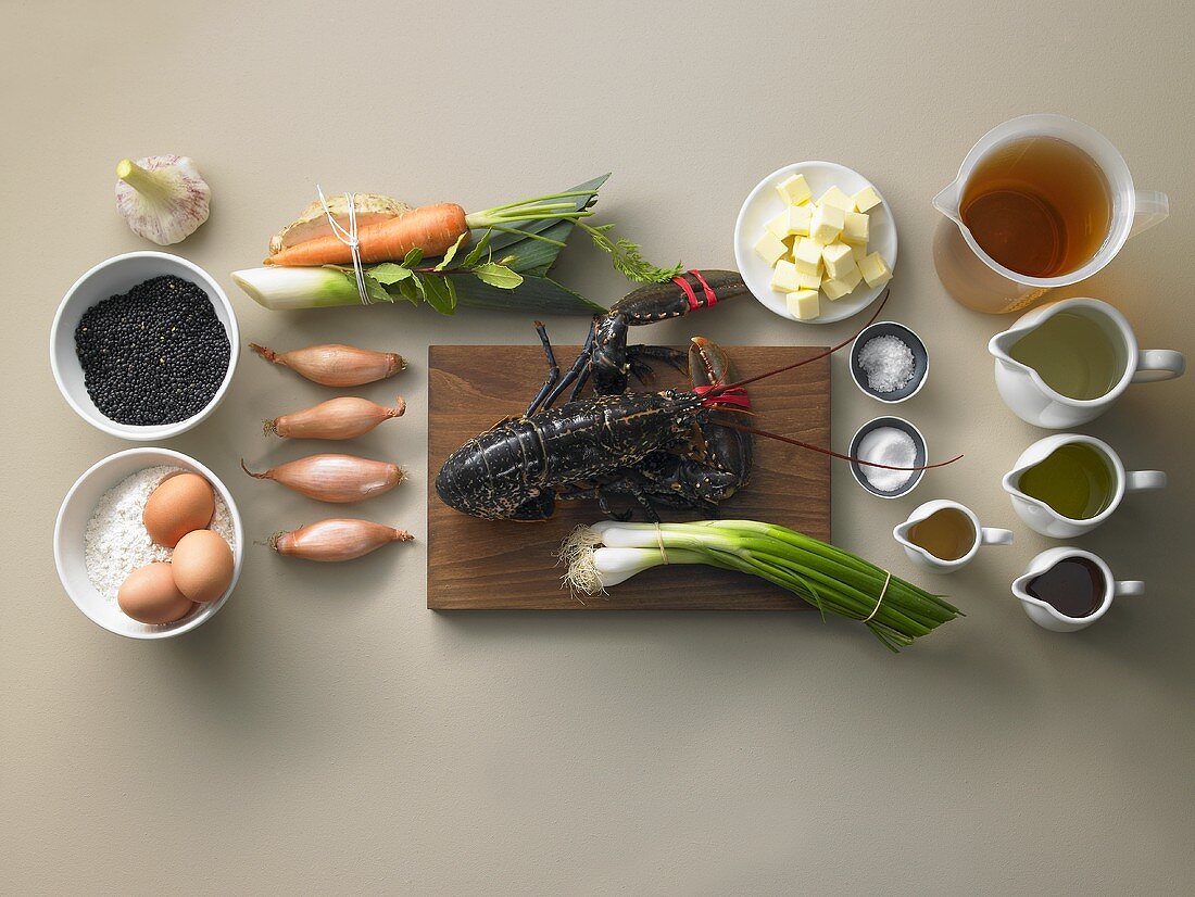 Ingredients for black lentil soup with lobster and Spätzle (soft egg noodles from Germany)