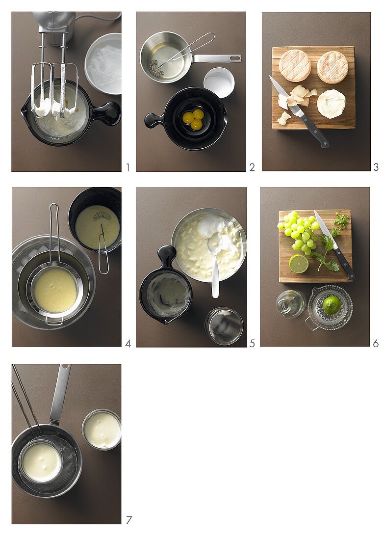 Preparing Bavarian Munster cheese cream with white mint and gape salad