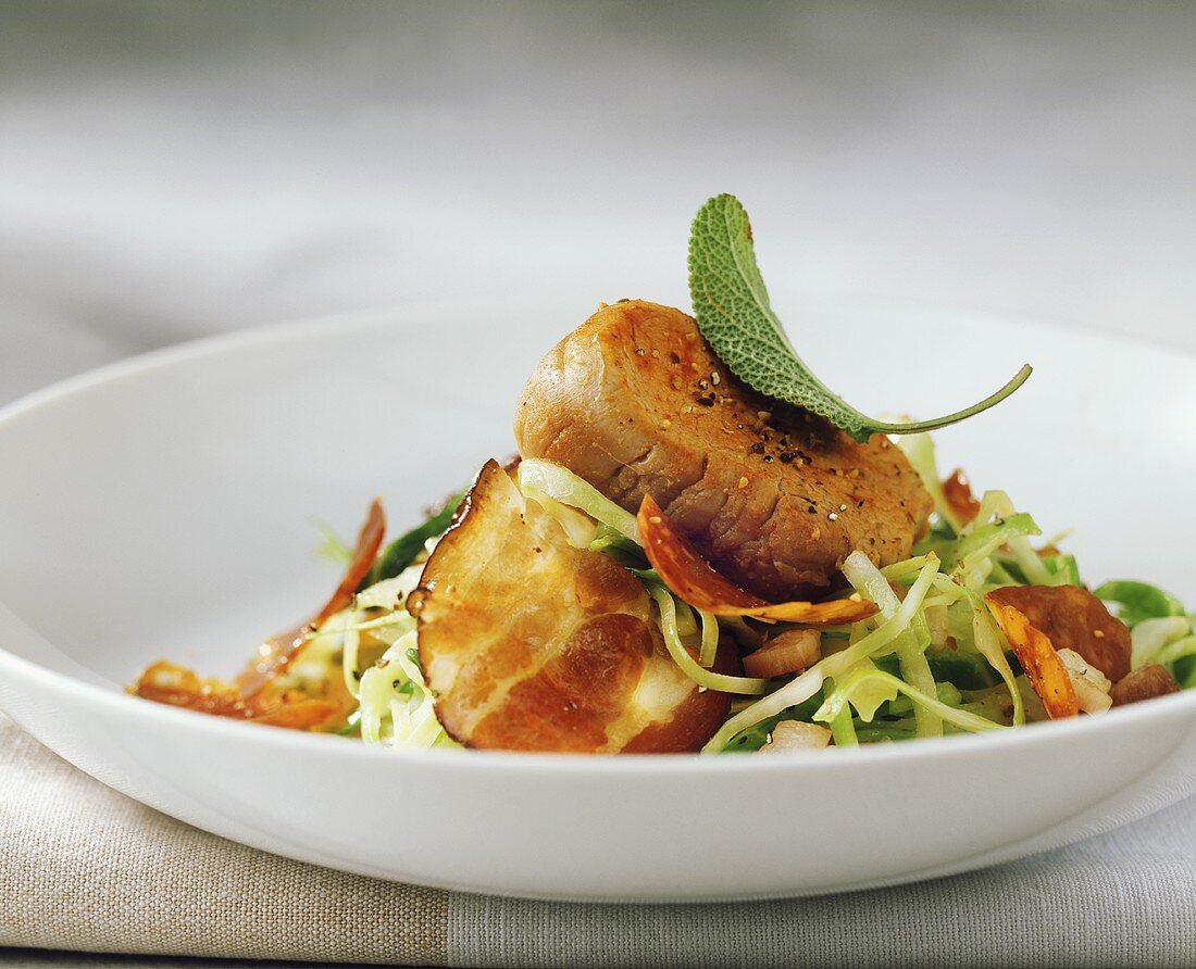 Steamed pork fillet with cabbage salad